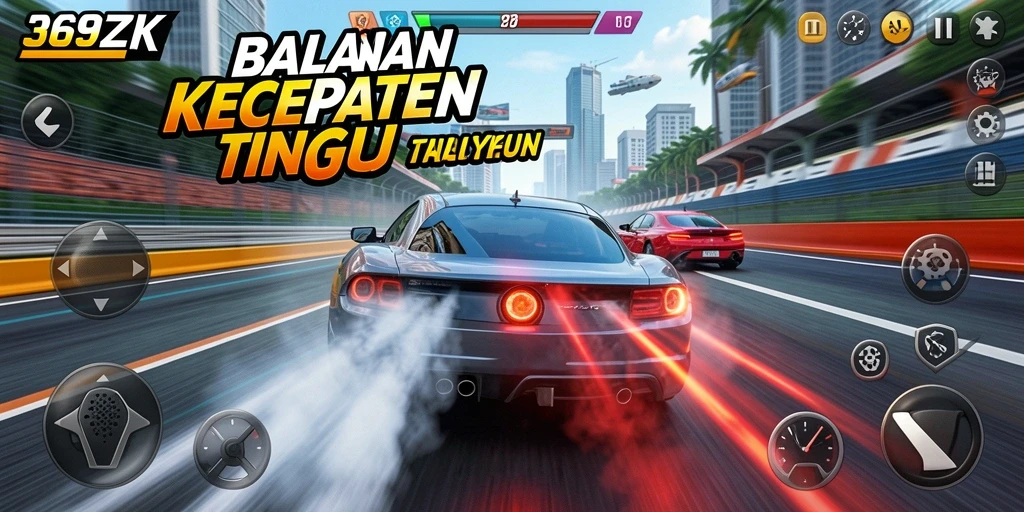 Screenshot gameplay 369ZK dengan mobil balap melaju kencang di trek.