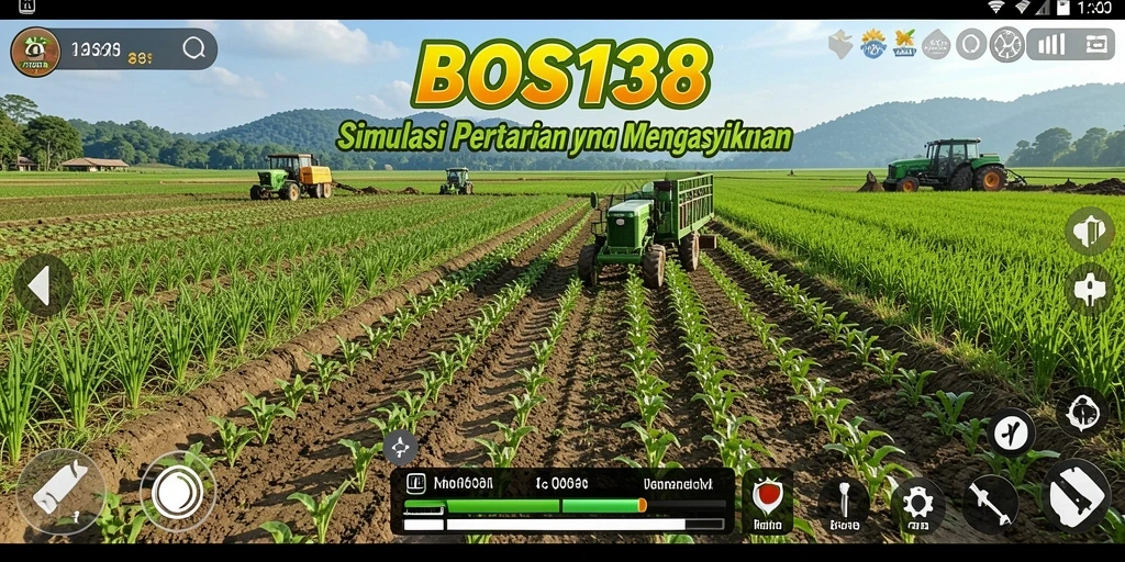Screenshot gameplay BOS138 menampilkan ladang hijau yang penuh tanaman dan hewan.
