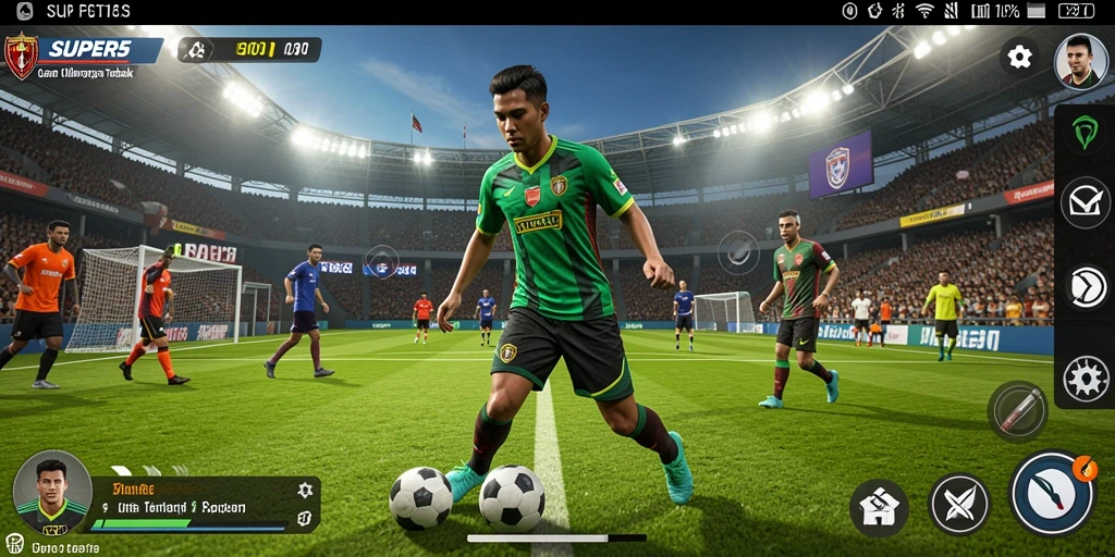 Gameplay SUPER5 yang menampilkan aksi olahraga yang mendebarkan.